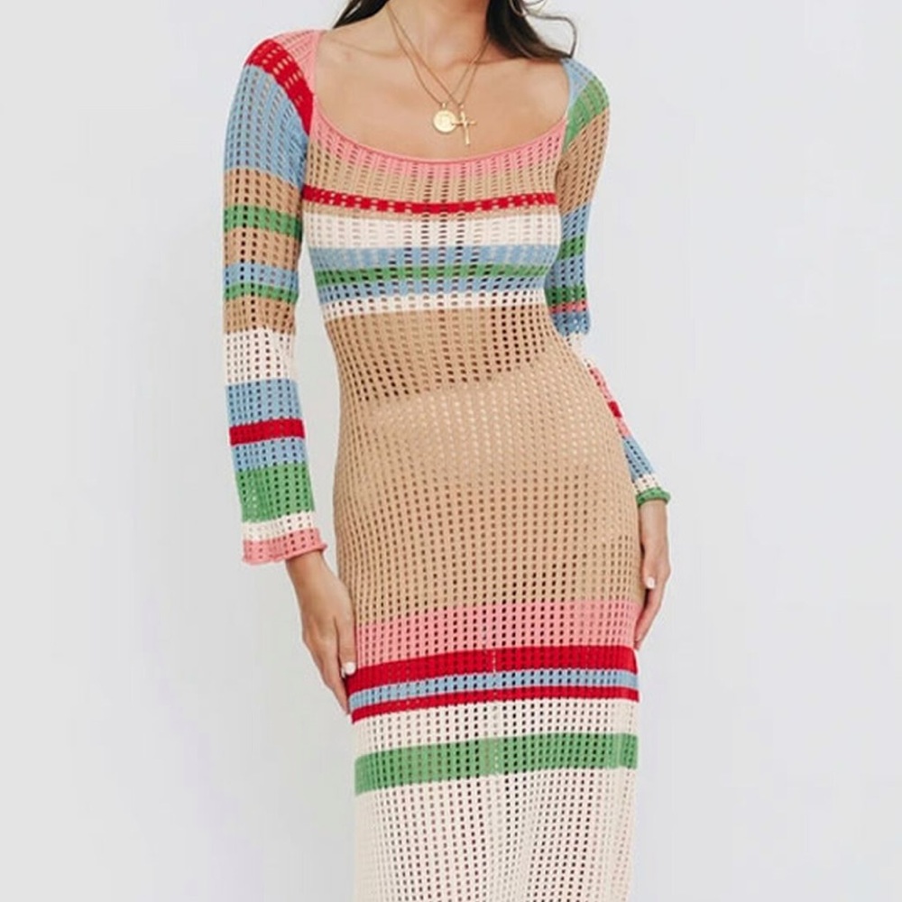 Color Block Long Sleeve Crochet Midi Cover Up Dress Size M